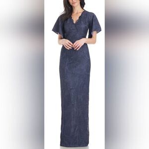 JS COLLECTIONS Drina V-Neck Column Gown NWOT size 8 Navy Blue
